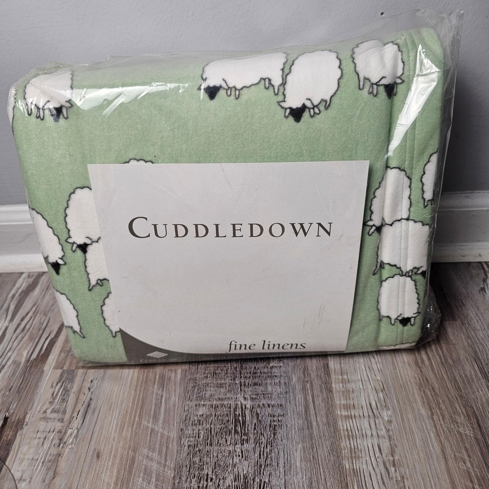Cuddledown Sheep Print 100% Cotton Flannel Blanket King Green White Cottagecore